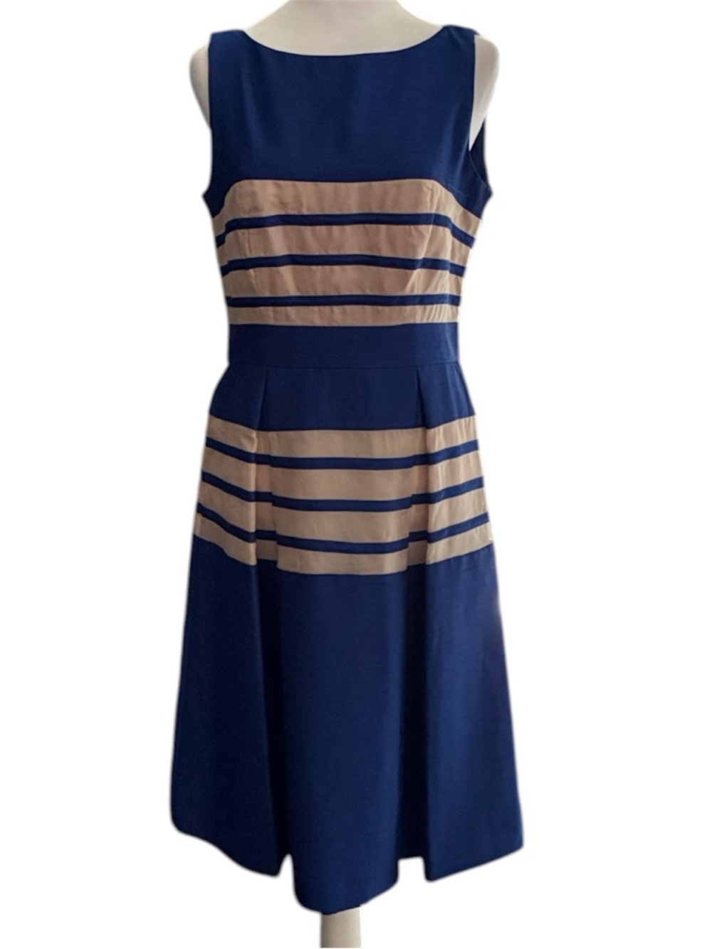 Just Taylor Party Formal Blue with Beige Stripe Accents Sleeveless Dress Size 6